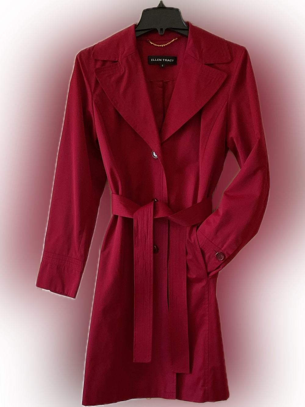 Ellen Tracy Deep Festive Red Belted Trench Coat